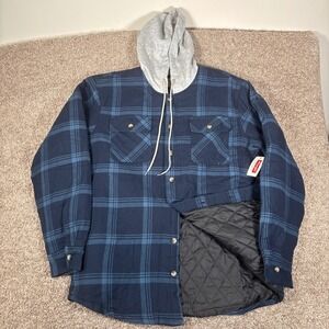 Wrangler Authentics Mens Navy Blue Plaid Quilted Lined Hooded Flannel Jacket LG